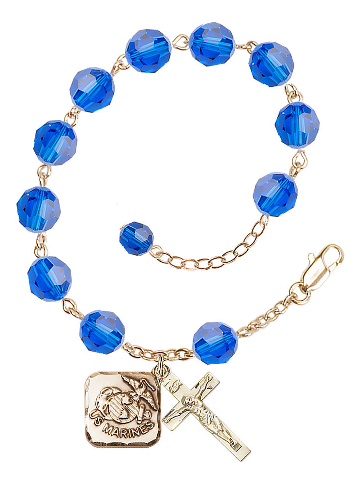 Marines Diamond Rosary Bracelet, 8mm Austrian Crystal - Gold Plate - Capri Blue