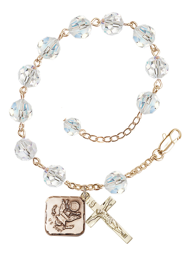 Army Diamond Rosary Bracelet, 8mm Austrian Crystal - Gold Plate - Crystal