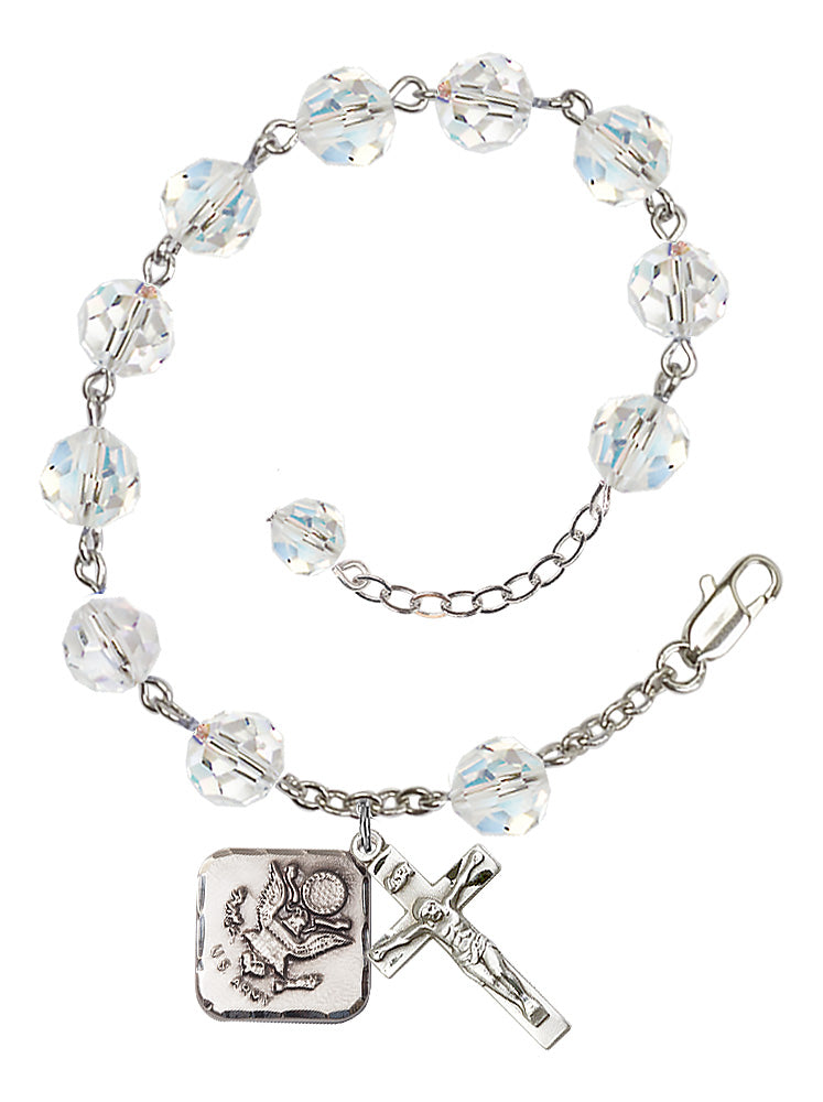 Army Diamond Rosary Bracelet, 8mm Austrian Crystal - Silver Plate - Crystal