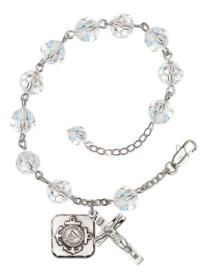 Coast Guard Diamond Rosary Bracelet, 8mm Austrian Crystal - Silver Plate - Crystal