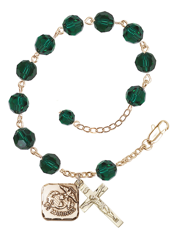 Marines Diamond Rosary Bracelet, 8mm Austrian Crystal - Gold Plate - Emerald