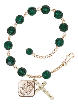 National Guard Diamond Rosary Bracelet, 8mm Austrian Crystal - Gold Plate - Emerald
