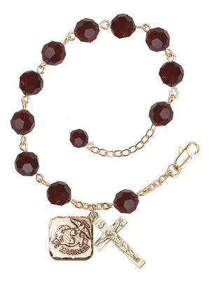 Marines Diamond Rosary Bracelet, 8mm Austrian Crystal - Gold Plate - Garnet