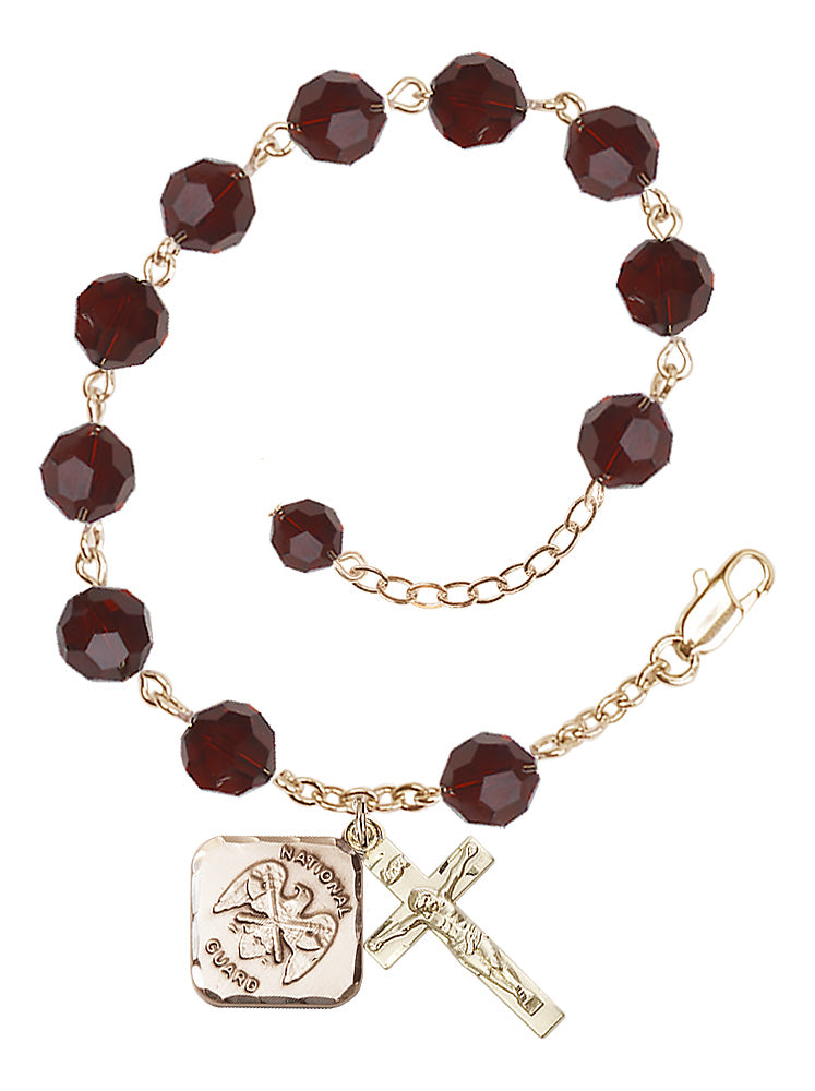 National Guard Diamond Rosary Bracelet, 8mm Austrian Crystal - Gold Plate - Garnet