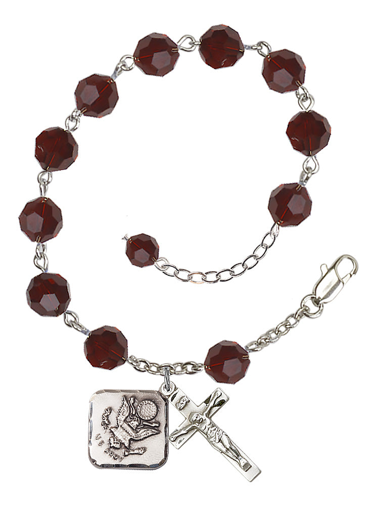 Army Diamond Rosary Bracelet, 8mm Austrian Crystal - Silver Plate - Garnet