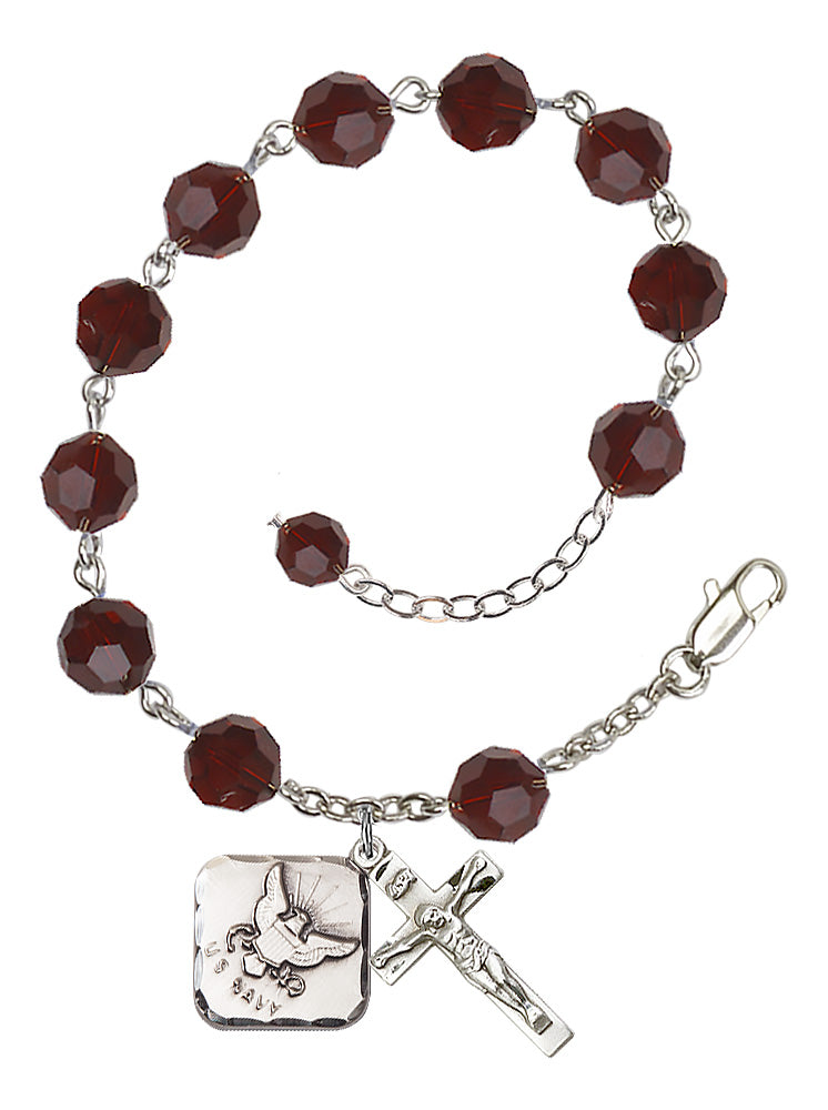 Navy Diamond Rosary Bracelet, 8mm Austrian Crystal - Silver Plate - Garnet