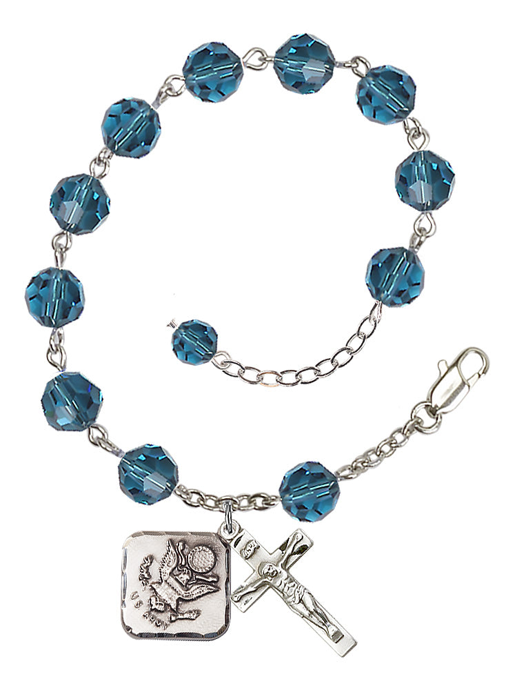 Army Diamond Rosary Bracelet, 8mm Austrian Crystal - Silver Plate - Indocolite
