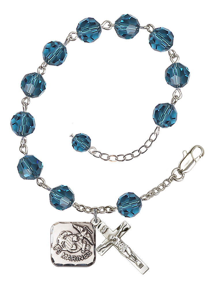 Marines Diamond Rosary Bracelet, 8mm Austrian Crystal - Silver Plate - Indocolite