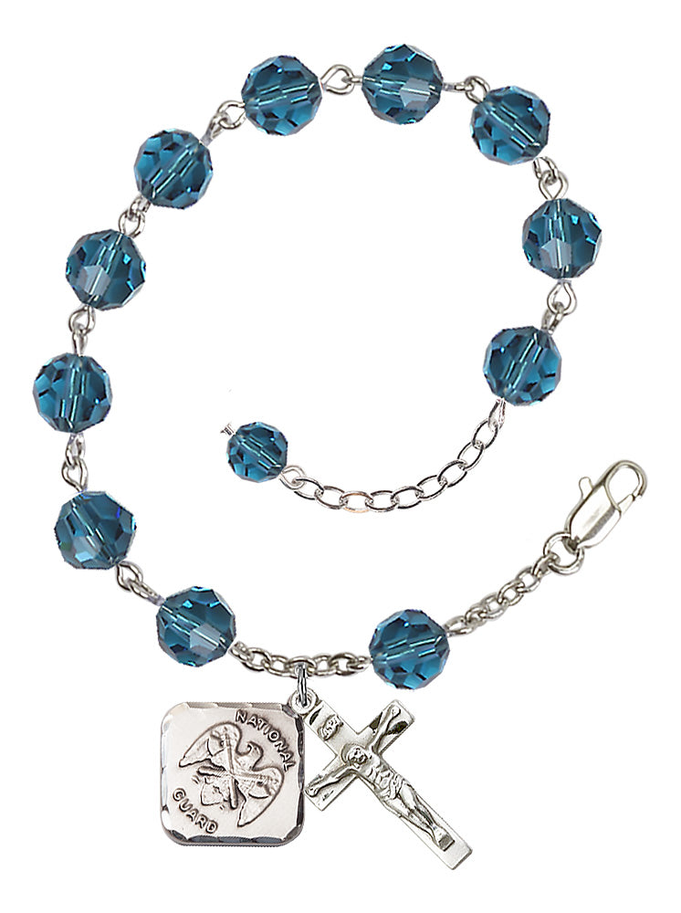National Guard Diamond Rosary Bracelet, 8mm Austrian Crystal - Silver Plate - Indocolite