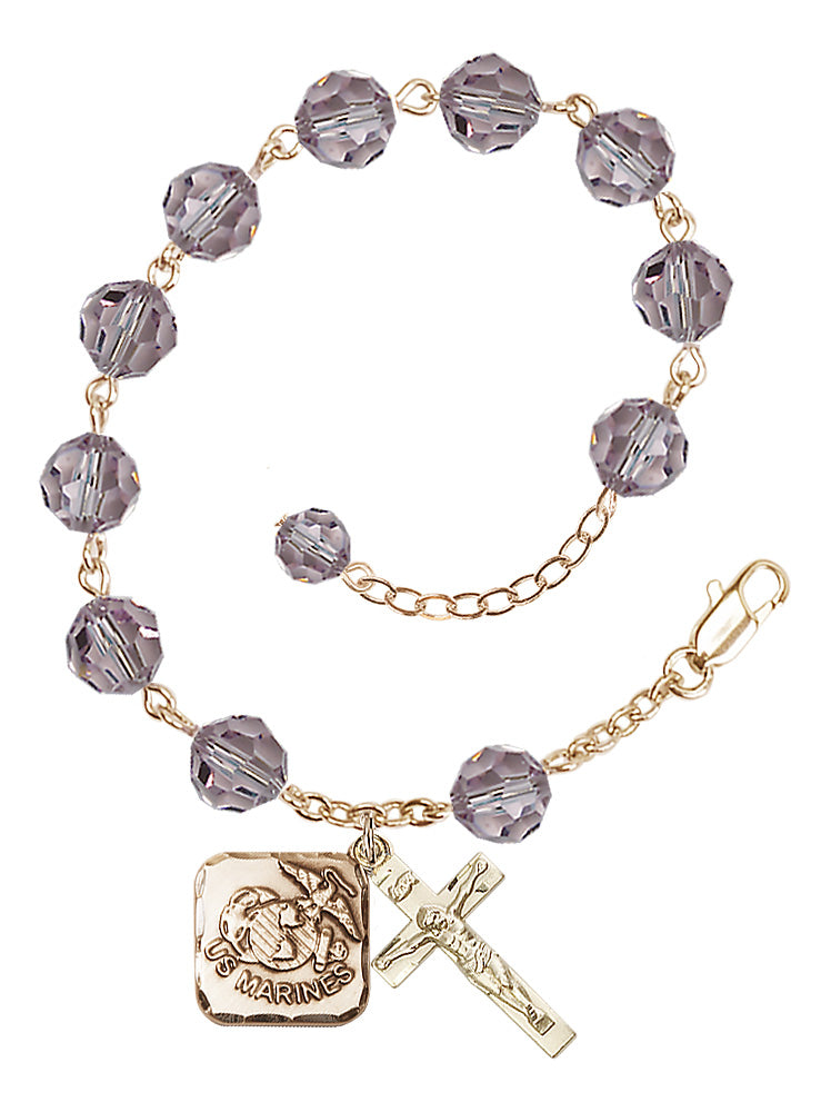 Marines Diamond Rosary Bracelet, 8mm Austrian Crystal - Gold Plate - Light Amethyst