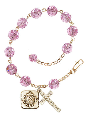 Coast Guard Diamond Rosary Bracelet, 8mm Austrian Crystal - Gold Plate - Light Rose
