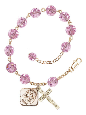 National Guard Diamond Rosary Bracelet, 8mm Austrian Crystal - Gold Plate - Light Rose