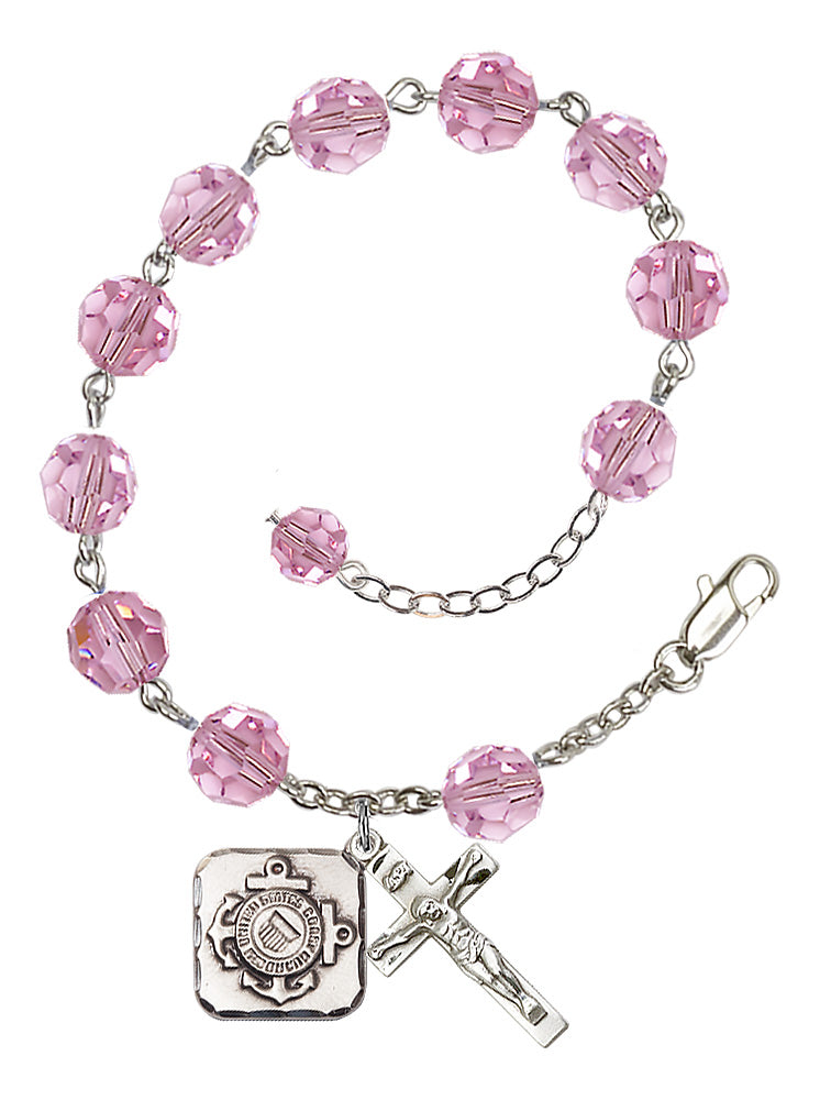 Coast Guard Diamond Rosary Bracelet, 8mm Austrian Crystal - Silver Plate - Light Rose