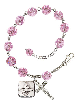 Navy Diamond Rosary Bracelet, 8mm Austrian Crystal - Silver Plate - Light Rose
