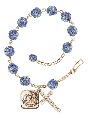 Marines Diamond Rosary Bracelet, 8mm Austrian Crystal - Gold Plate - Light Sapphire