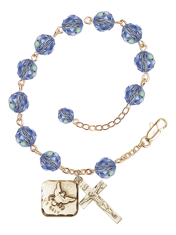 Navy Diamond Rosary Bracelet, 8mm Austrian Crystal - Gold Plate - Light Sapphire