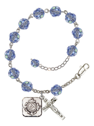 Coast Guard Diamond Rosary Bracelet, 8mm Austrian Crystal - Silver Plate - Light Sapphire