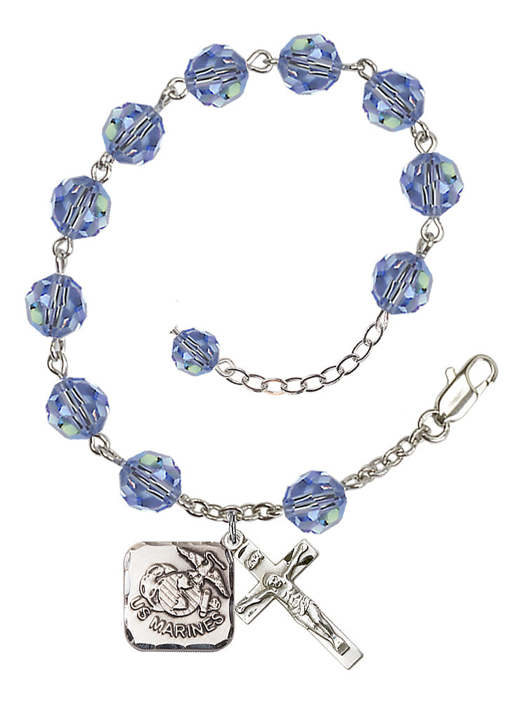 Marines Diamond Rosary Bracelet, 8mm Austrian Crystal - Silver Plate - Light Sapphire