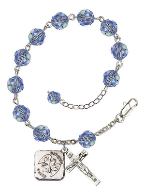 National Guard Diamond Rosary Bracelet, 8mm Austrian Crystal - Silver Plate - Light Sapphire