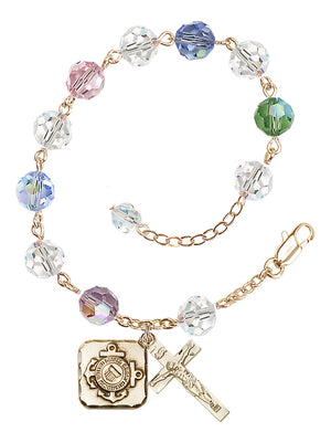 Coast Guard Diamond Rosary Bracelet, 8mm Austrian Crystal - Gold Plate - Multi-Color