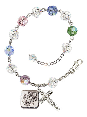 Army Diamond Rosary Bracelet, 8mm Austrian Crystal - Silver Plate - Multi-Color