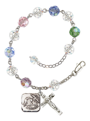 Marines Diamond Rosary Bracelet, 8mm Austrian Crystal - Silver Plate - Multi-Color