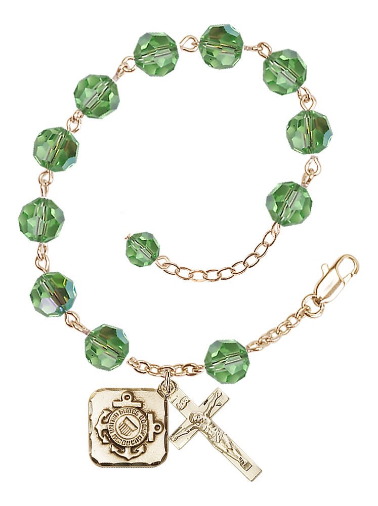 Coast Guard Diamond Rosary Bracelet, 8mm Austrian Crystal - Gold Plate - Peridot