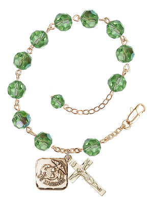 Marines Diamond Rosary Bracelet, 8mm Austrian Crystal - Gold Plate - Peridot