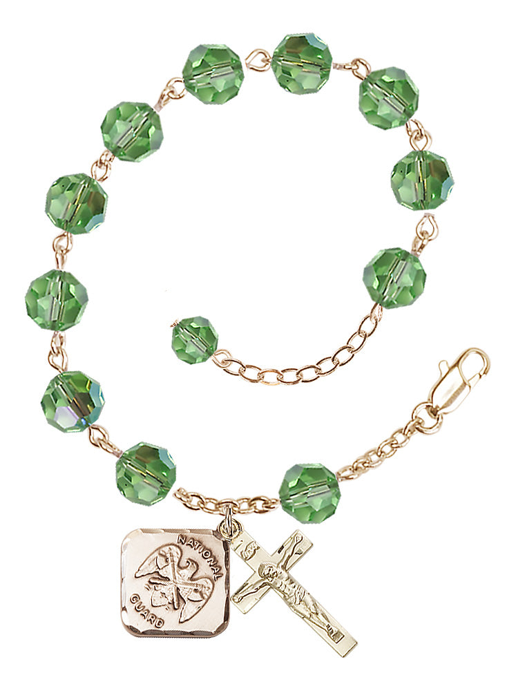 National Guard Diamond Rosary Bracelet, 8mm Austrian Crystal - Gold Plate - Peridot
