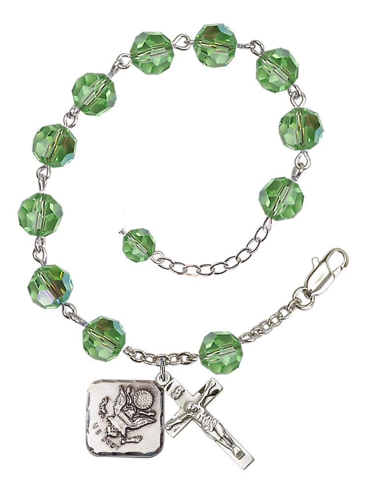 Army Diamond Rosary Bracelet, 8mm Austrian Crystal - Silver Plate - Peridot