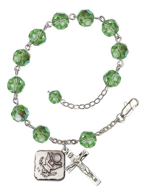 Army Diamond Rosary Bracelet, 8mm Austrian Crystal - Silver Plate - Peridot