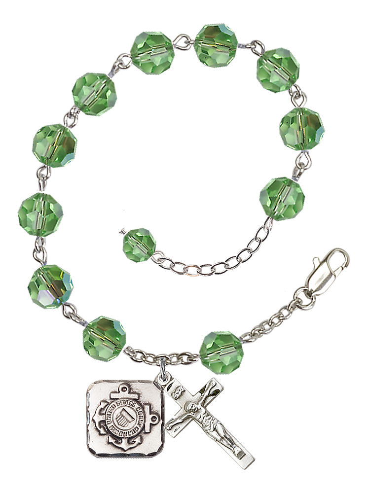Coast Guard Diamond Rosary Bracelet, 8mm Austrian Crystal - Silver Plate - Peridot