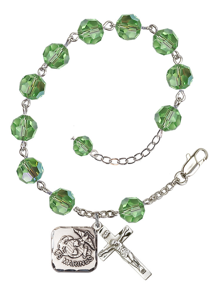 Marines Diamond Rosary Bracelet, 8mm Austrian Crystal - Silver Plate - Peridot