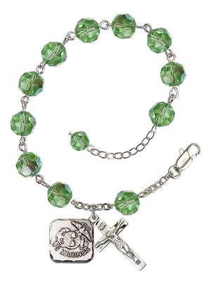 Marines Diamond Rosary Bracelet, 8mm Austrian Crystal - Silver Plate - Peridot