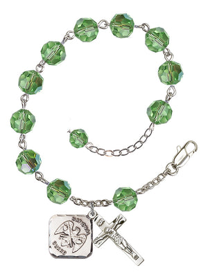 National Guard Diamond Rosary Bracelet, 8mm Austrian Crystal - Silver Plate - Peridot