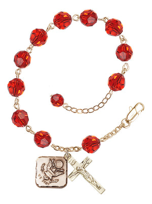 Army Diamond Rosary Bracelet, 8mm Austrian Crystal - Gold Plate - Ruby