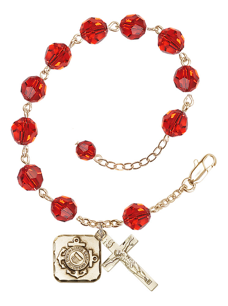 Coast Guard Diamond Rosary Bracelet, 8mm Austrian Crystal - Gold Plate - Ruby