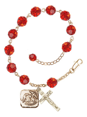 Marines Diamond Rosary Bracelet, 8mm Austrian Crystal - Gold Plate - Ruby