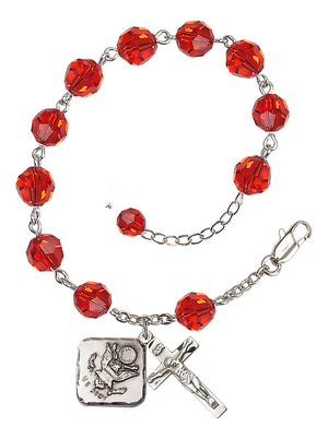 Army Diamond Rosary Bracelet, 8mm Austrian Crystal - Silver Plate - Ruby