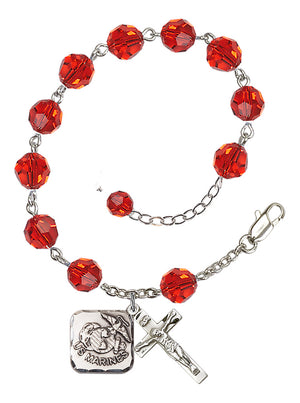 Marines Diamond Rosary Bracelet, 8mm Austrian Crystal - Silver Plate - Ruby