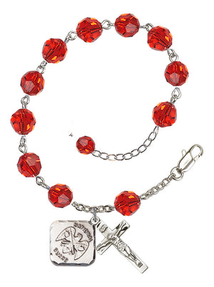 National Guard Diamond Rosary Bracelet, 8mm Austrian Crystal - Silver Plate - Ruby