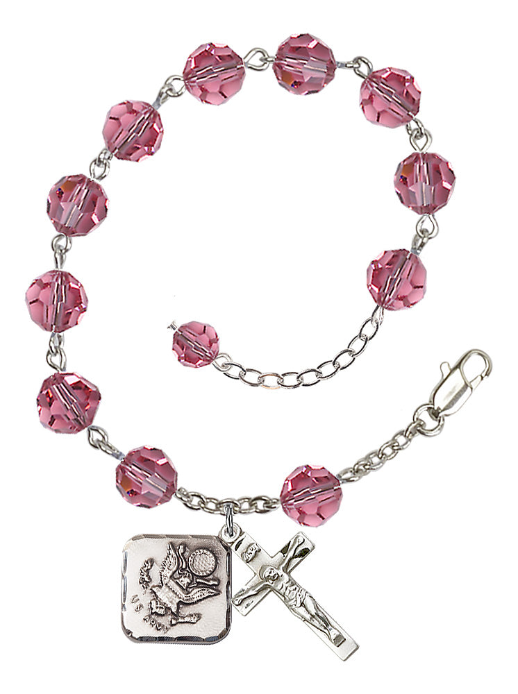 Army Diamond Rosary Bracelet, 8mm Austrian Crystal - Silver Plate - Rose