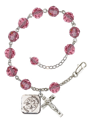 National Guard Diamond Rosary Bracelet, 8mm Austrian Crystal - Silver Plate - Rose