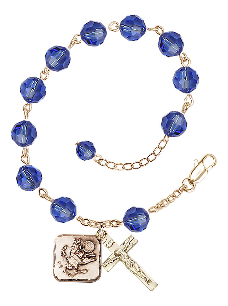 Army Diamond Rosary Bracelet, 8mm Austrian Crystal - Gold Plate - Sapphire