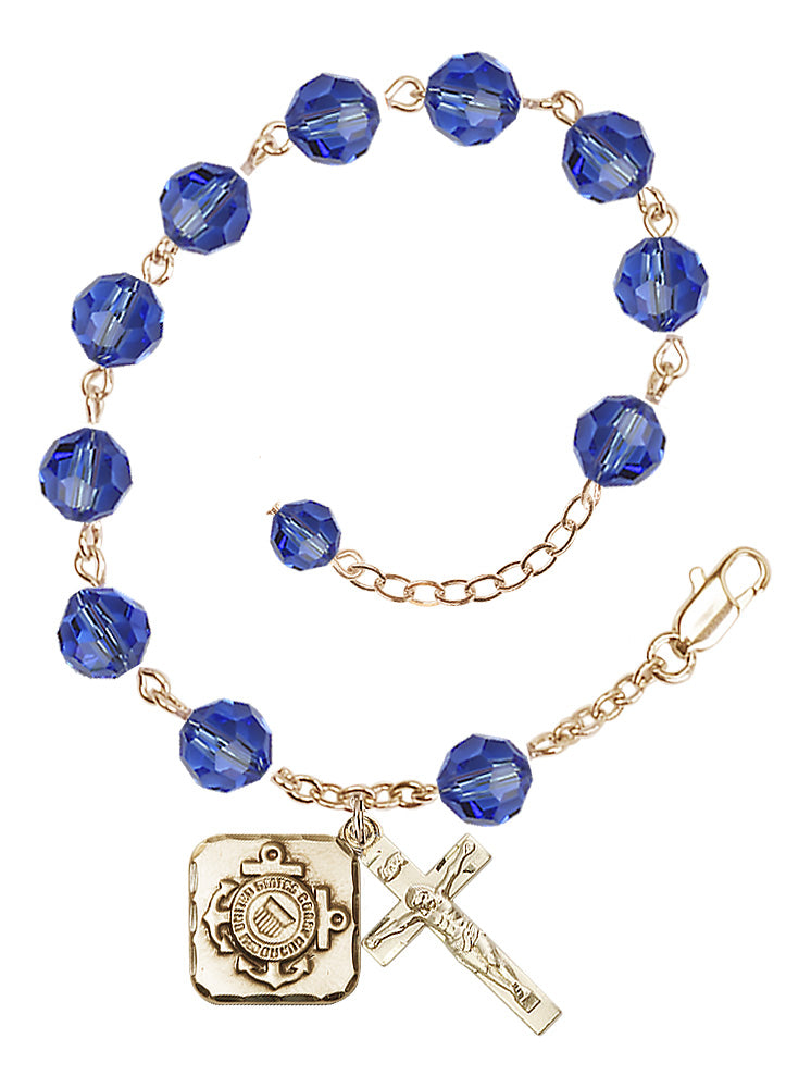 Coast Guard Diamond Rosary Bracelet, 8mm Austrian Crystal - Gold Plate - Sapphire
