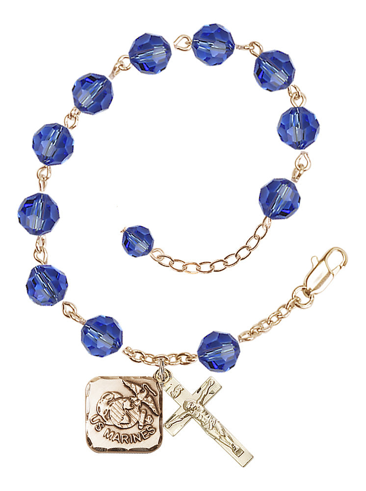 Marines Diamond Rosary Bracelet, 8mm Austrian Crystal - Gold Plate - Sapphire