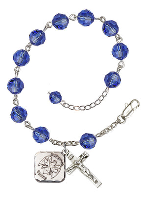 National Guard Diamond Rosary Bracelet, 8mm Austrian Crystal - Silver Plate - Sapphire