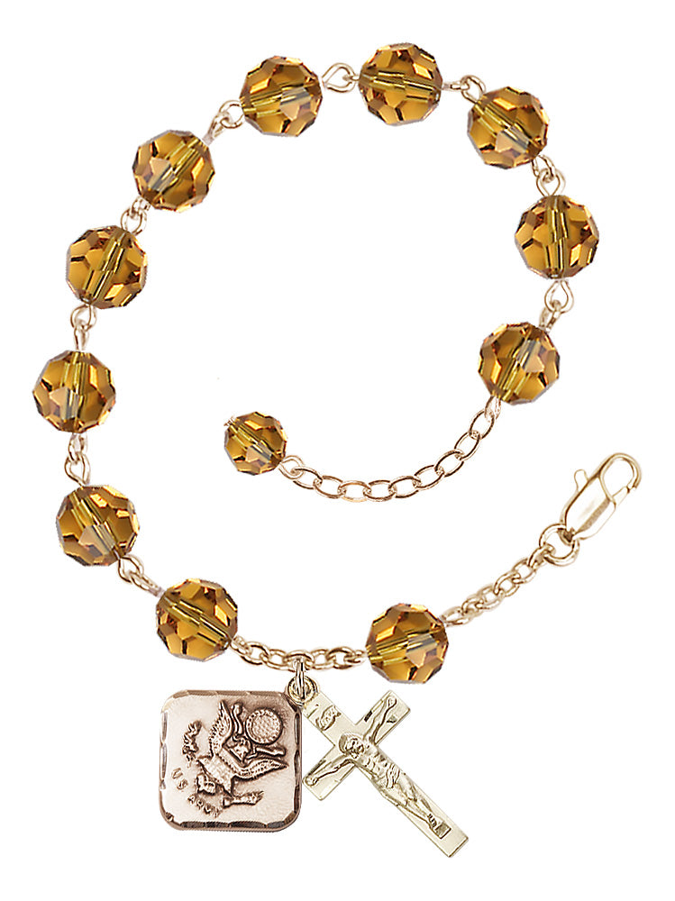 Army Diamond Rosary Bracelet, 8mm Austrian Crystal - Gold Plate - Topaz