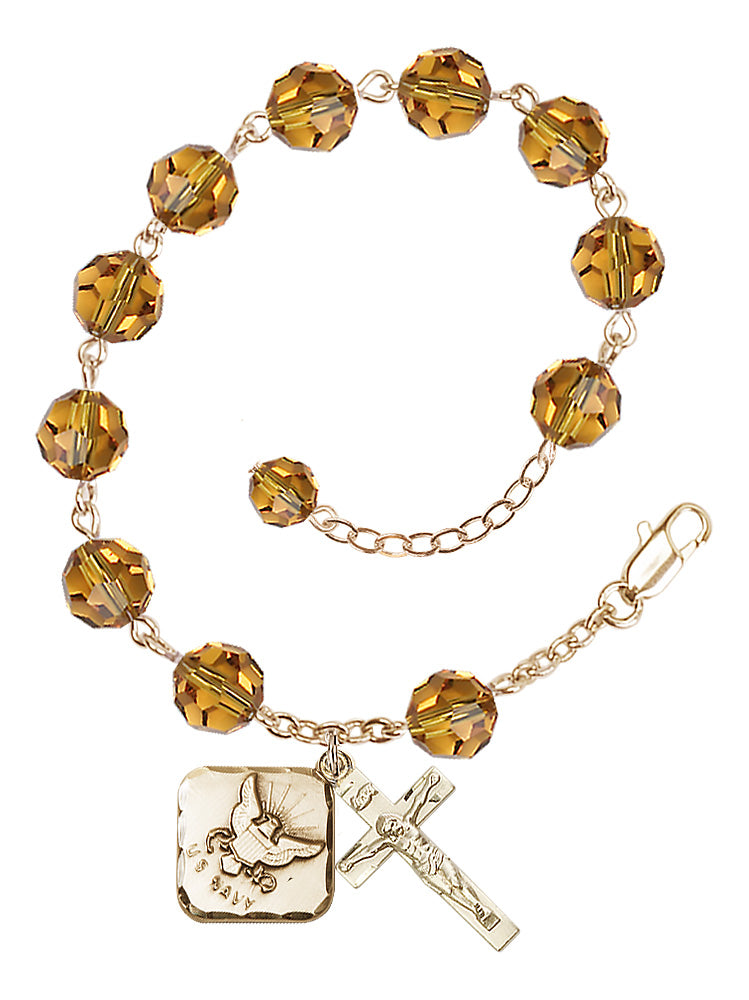 Navy Diamond Rosary Bracelet, 8mm Austrian Crystal - Gold Plate - Topaz