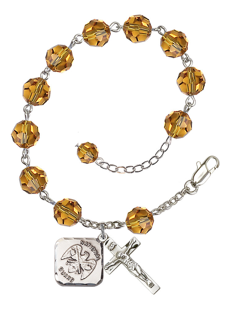 National Guard Diamond Rosary Bracelet, 8mm Austrian Crystal - Silver Plate - Topaz